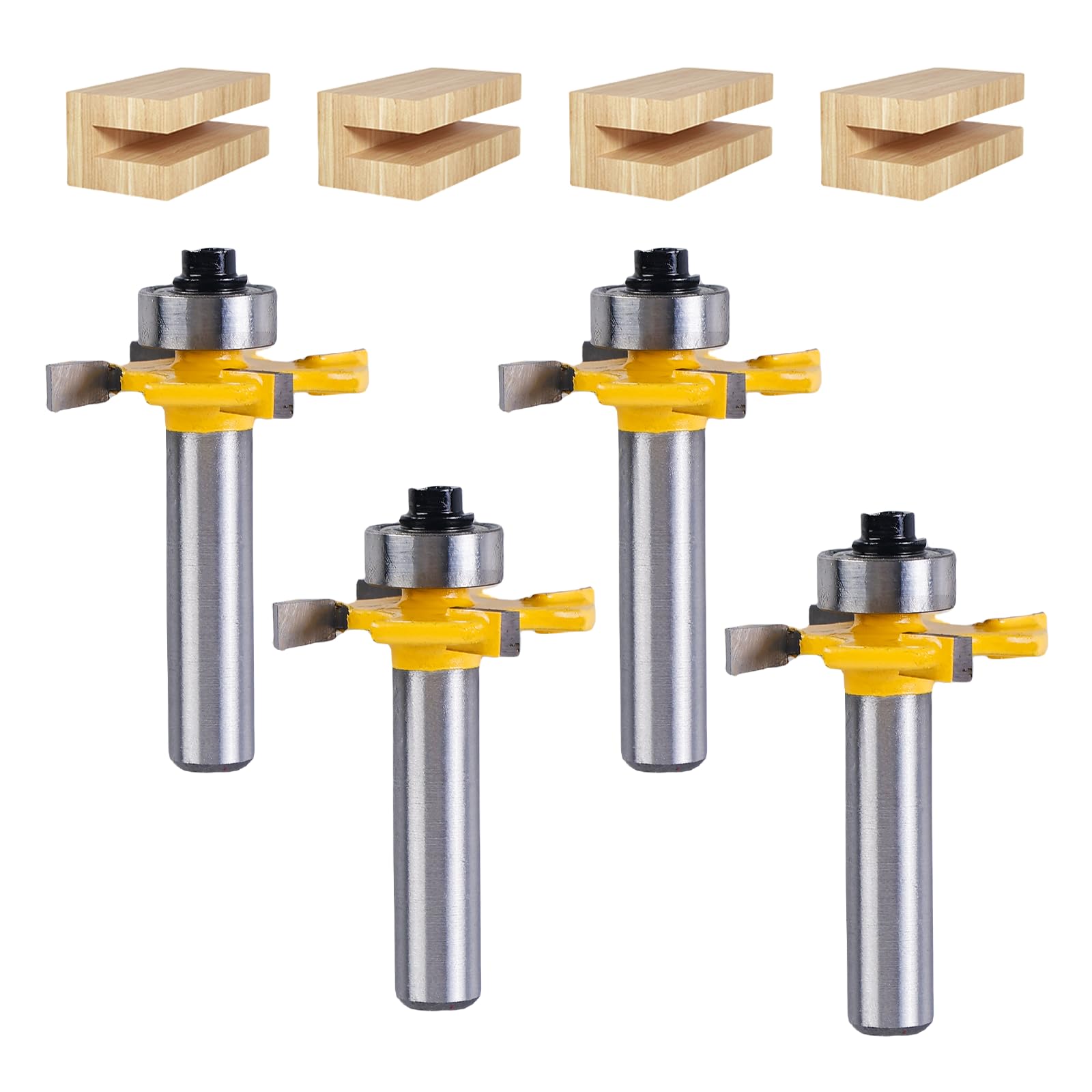 Lot de 4 fraises à rainure en T - Tige de 8 mm - Accessoires professionnels - Fraise à bois - Fraise à rainurer et à ressort - 4 dents en forme de T - Fraise à planer pour défonceuse L 3 mm, 4 mm, 5