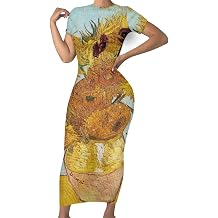 ENLACHIC Women's 3D Print Van Gogh Starry Night Short Sleeve Slim Bodycon Maxi Long Dress