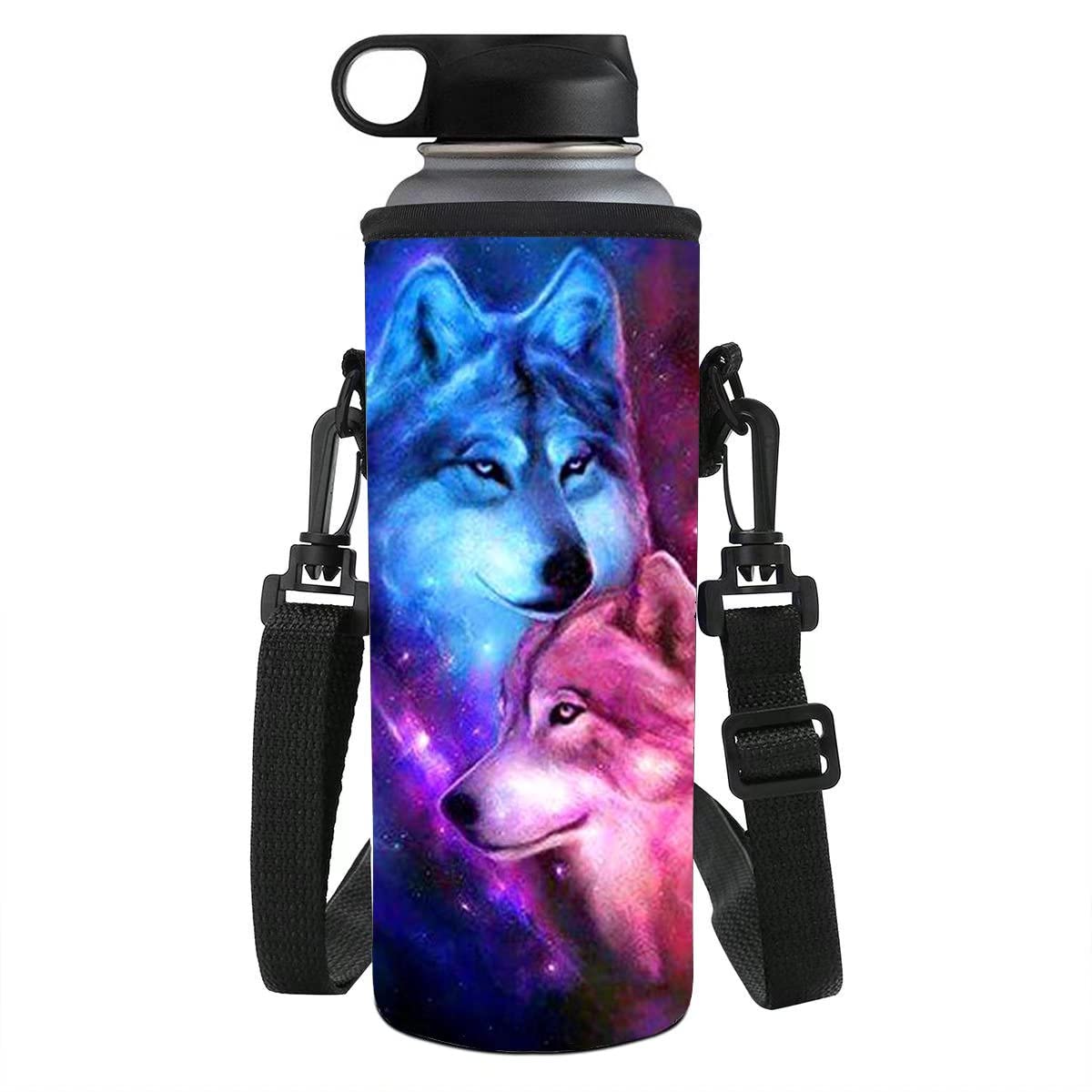 chaqlin 1000-1200ML Neoprene Water Bottle Holder Galaxy Wolf Pattern Insulated Water Bottle Cover for Kids Children Adult Gifts with Adjustable Shoulder Strap — image 1