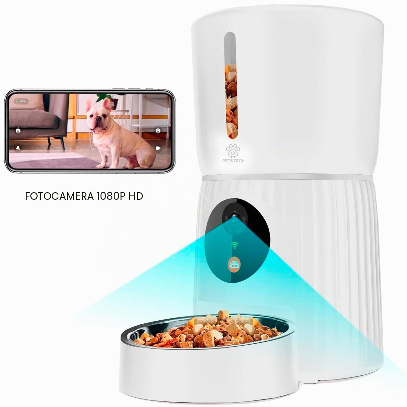 PET&TECH Distributore automatico cibo gatti e cani – 3 L (o tu capienza), telecamera HD 1080 P, app Wi‑Fi, registrazione vocale, doppia alimentazione, inox 304