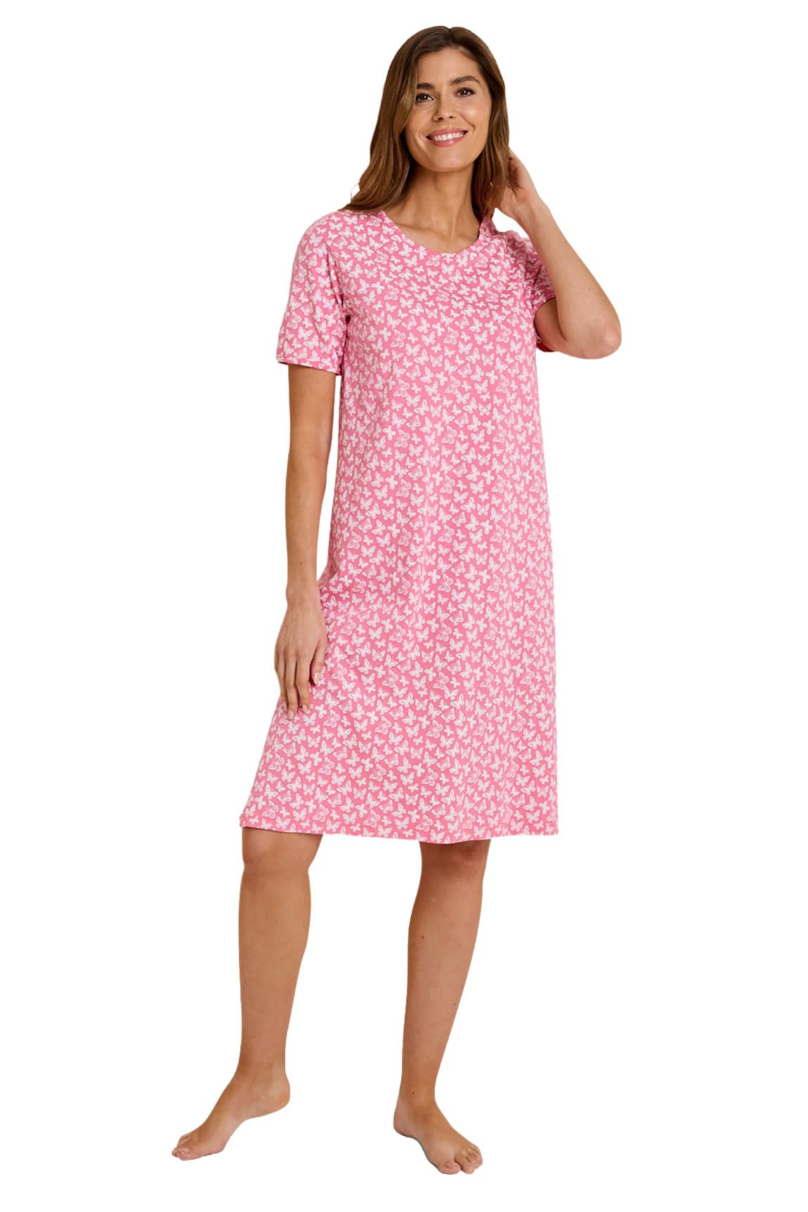 Chums Ladies Pack of 3 Short Sleeve Print Nightdresses – 100% Cotton Breathable Knee‑Length Nighties with Mixed Prints – Soft Pull‑On Sleepwear Rose 16-18