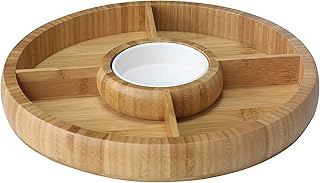 Bamboo Natural Chip and Dip Divided Bowl/Serving Platter with Ceramic Center Bowl/Dip Cup