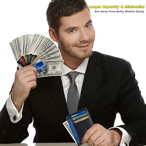 Miniatura 3 de Cartera delgada minimalista delgada de cuero delgado para tarjetas de crédito Billetera con bloqueo RFID Billeteras de bolsillo frontal para hombres