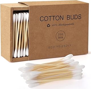Bamboo Cotton Swabs, 200 Count Wooden Cotton Buds, Eco-Friendly Double Tips, Plastic Free Ear Sticks, 100% Natural Cotton Swabs—Kraft Paper Box (Drawer Box)