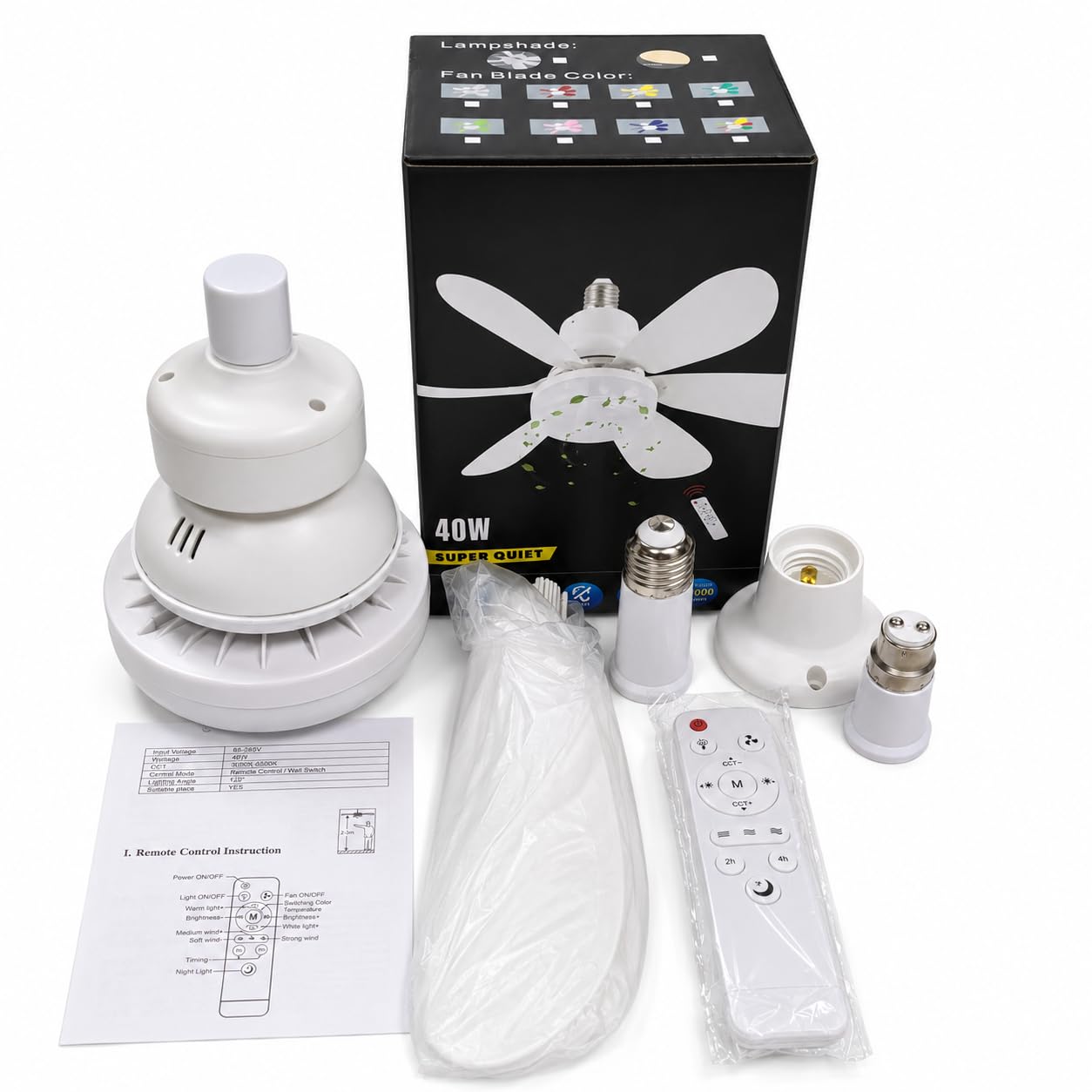 52cm Ceiling Fans with Lights, E27/E26 Base Screw in Small Ceiling Fans Lights with Remote Timer 3 Colors Dimmable, 3 Speeds, 3000K-6500K LED Light for Bedroom Kitchen Office Dormitory