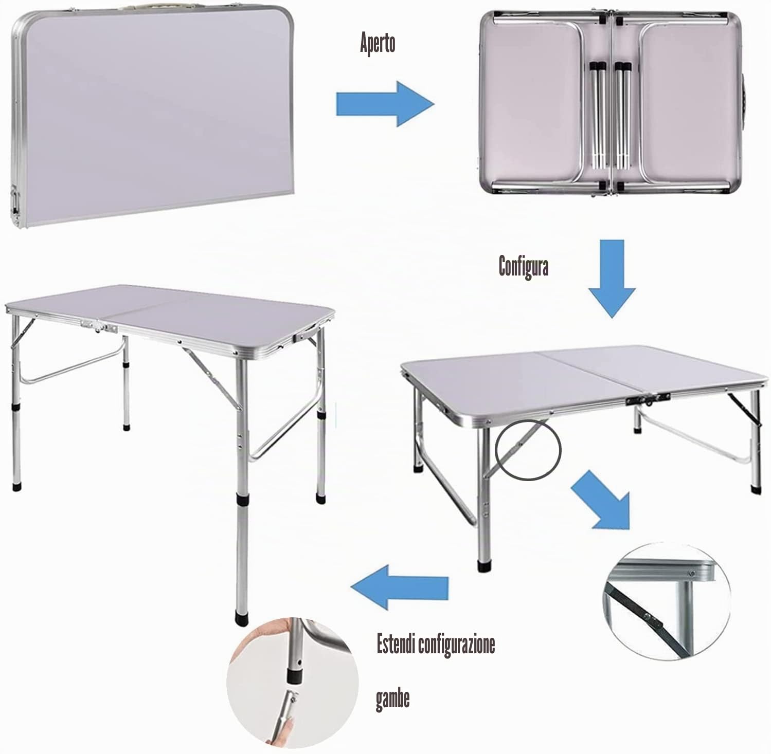 Tavolo pieghevole da campeggio in alluminio, 90 cm, portatile, regolabile in altezza, rettangolare, tavolo da picnic per interni, cucina, cena, catering, buffet