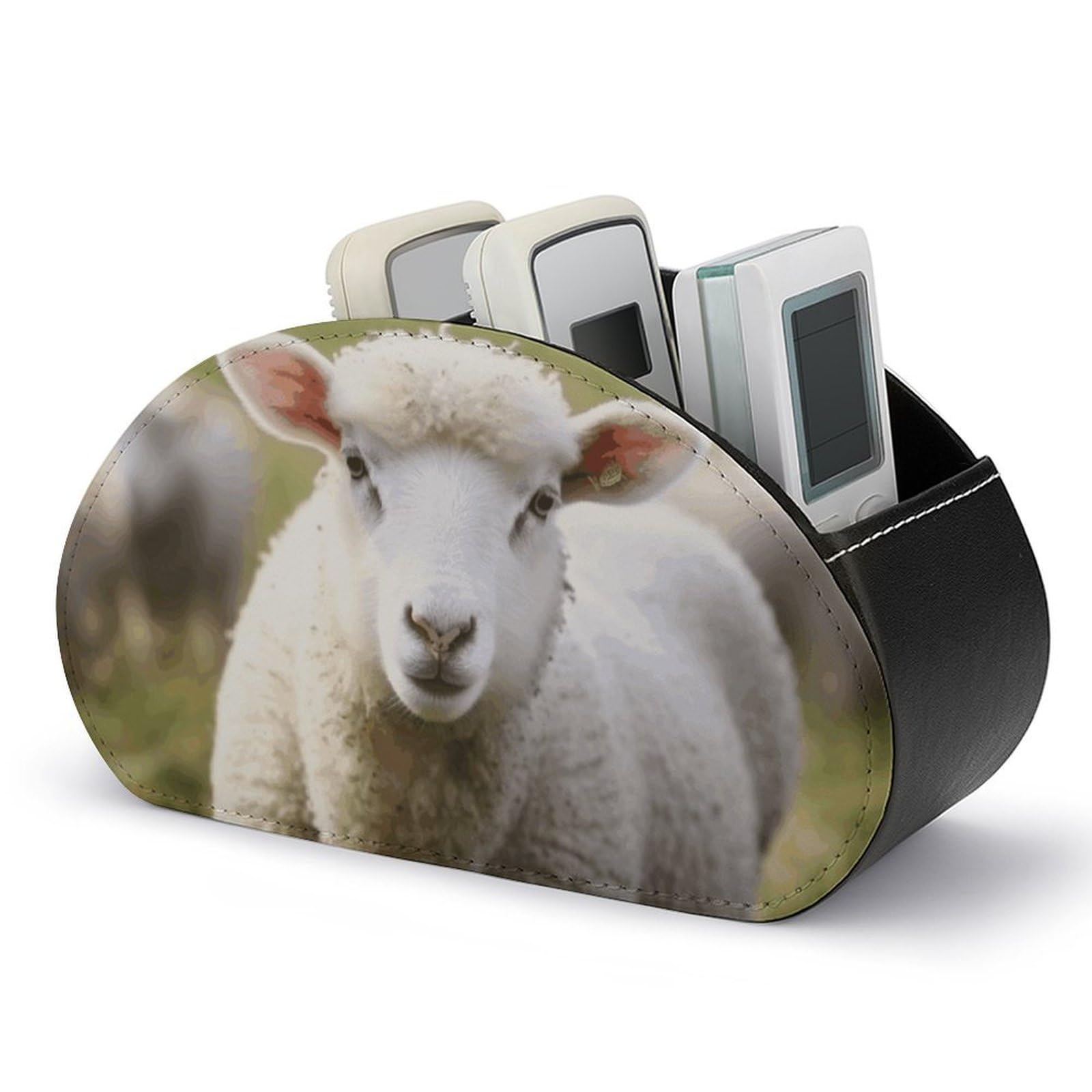 VstaDank Cute Sheep Lamb Remote Control Holder with 5 Compartments PU Leather Remote Caddy Desktop Organizer Store TV Remote Control Storage Box for Home Office Desk Nightstand