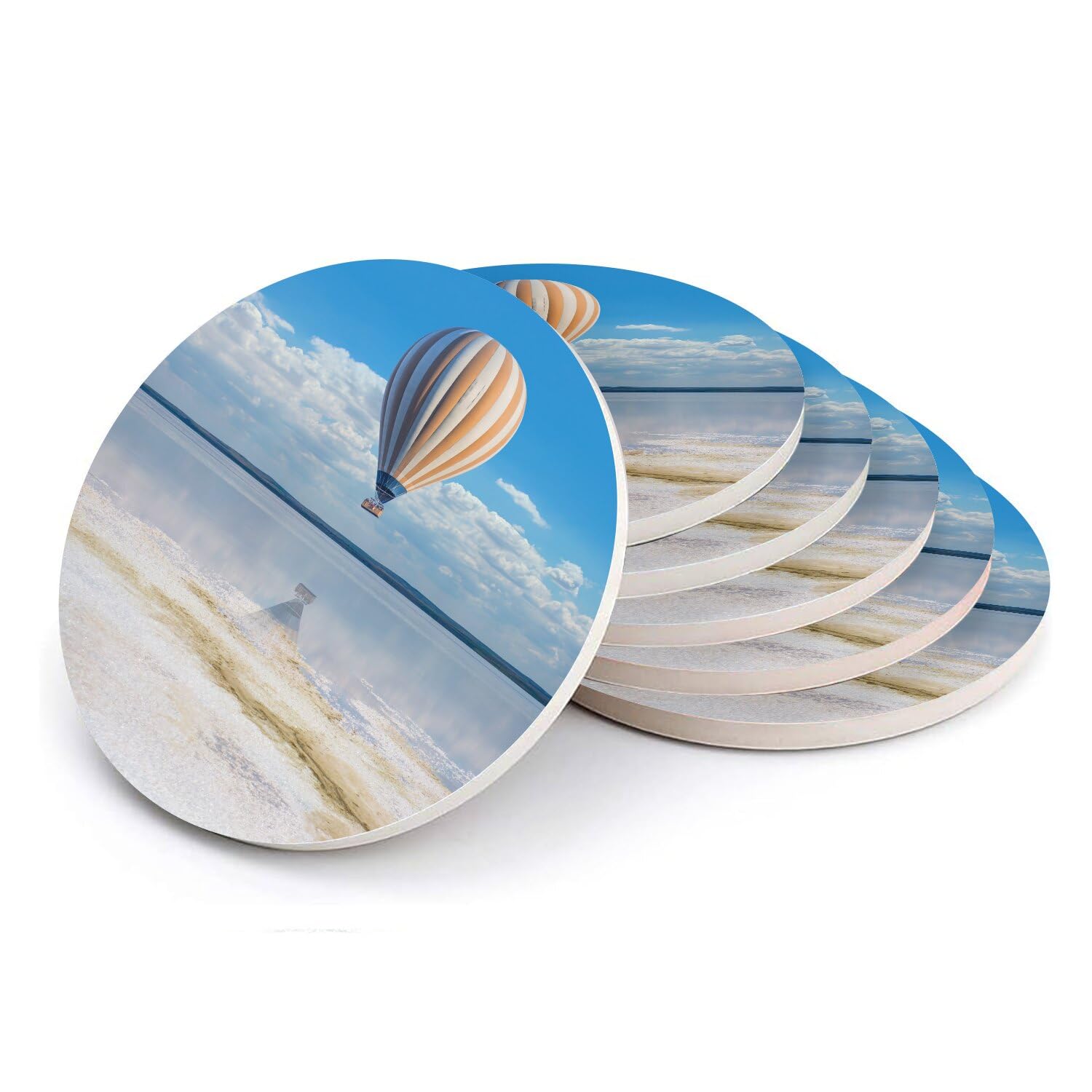 Sous verre ronds en céramique anti trace montgolfière ciel bleu lot de 6