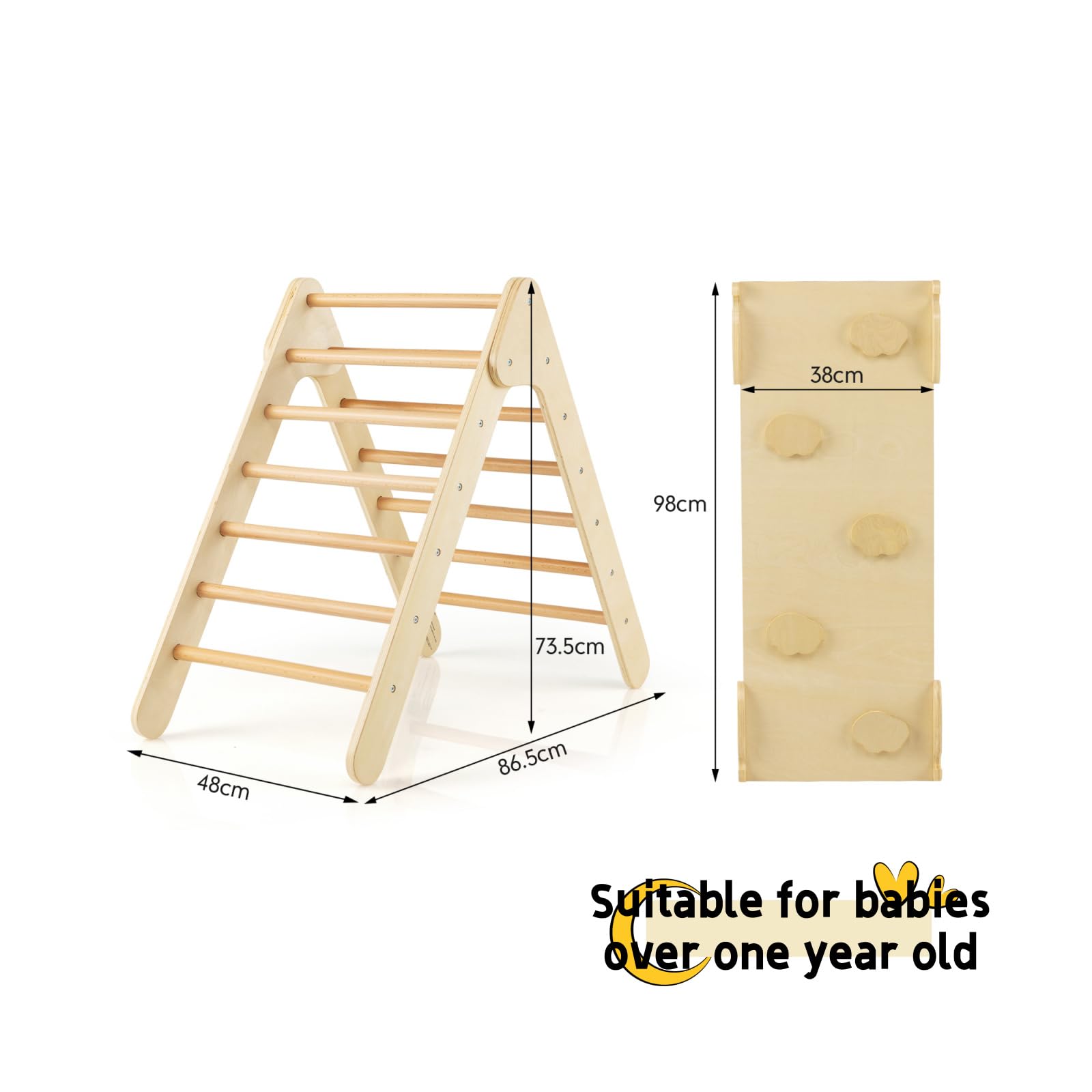 DREAMADE - Juego de escalada triangulares 3 en 1 con tobogán de madera, triángulo de escalada para escalar y deslizar para niños de 1 años