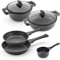 Bateria De Cocina El Volcan Metaltex XPERT- Batería de Cocina 5 Piezas Alumino Fundido. Antiadherente de Triple Capa ILAG Válida Para Todo Tipo de Cocinas Incluída Inducción, 5 Pzas.