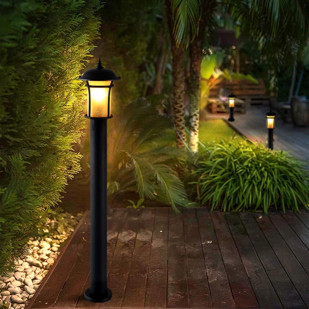 Europejska Lampa Ogrodzeniowa Z Żółtym Kloszem Szklanym, Słupek Oświetleniowy W Czarnym Wykończeniu, Lampa Naścienna Do Chodnika, Patio Lub Werandy,Large