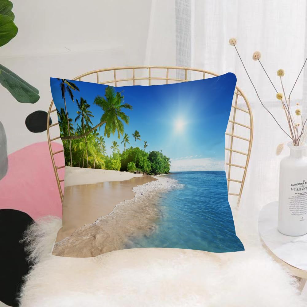 Hyosxw Ocean Tropical Palm Trees On Sunny Island Be - A2 Cushion Cover,Throw Pillow Case Home Decorative For Living Room Bedroom Sofa Chair 18X18 Inch,Ocean Tropical Palm Trees On Sunny Island Beach Scene Panoramic Image, Blue,Pillowcase 45X45cm