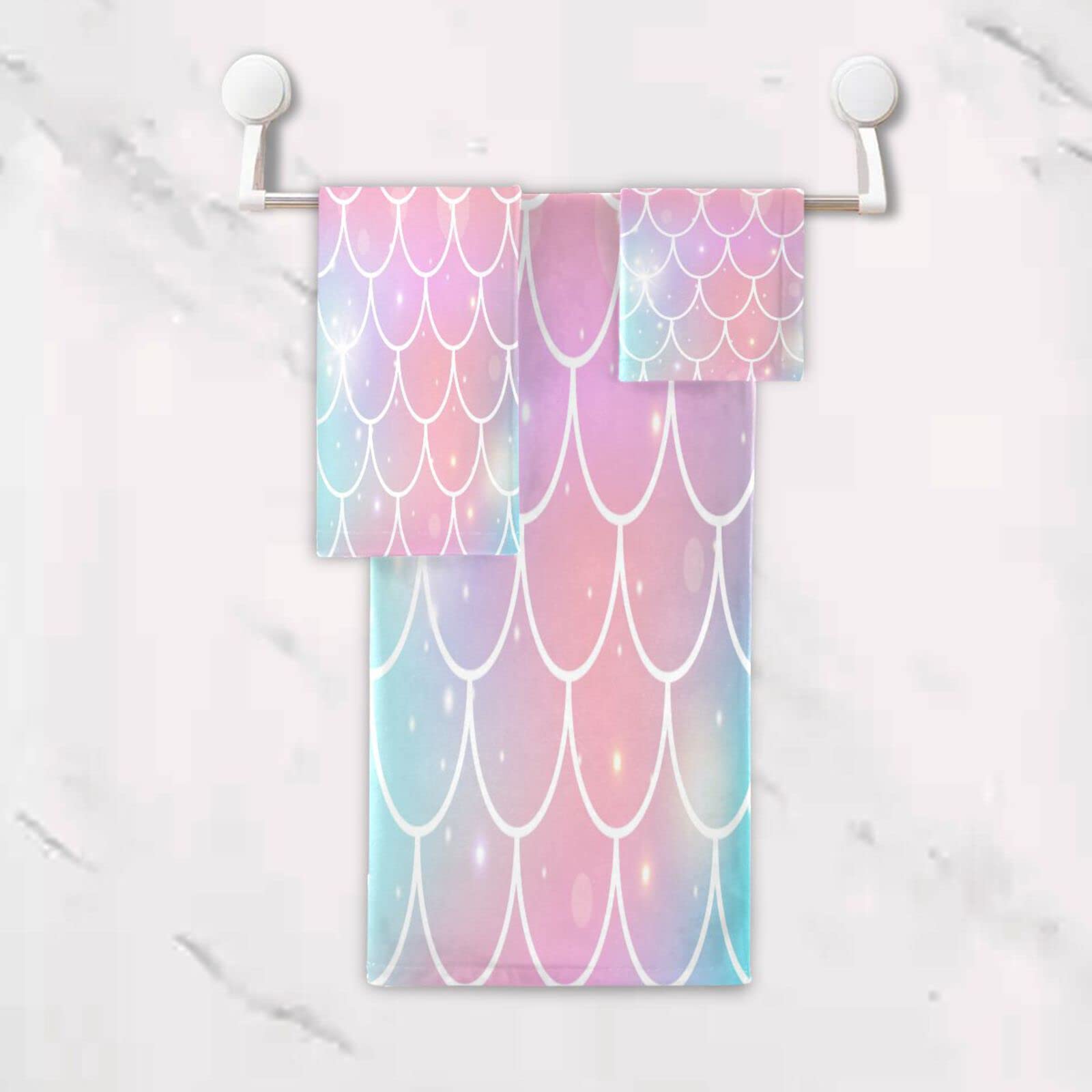 Lindas Escamas Arcoiris Brillo Juego de Toallas para Baño Playa 100% Algodón de Piscina Toalla (1 Toalla de Baño y 1 Toalla de Mano y 1 Paño de Lavado) para Nadar Hotel Niñas Niños Niños