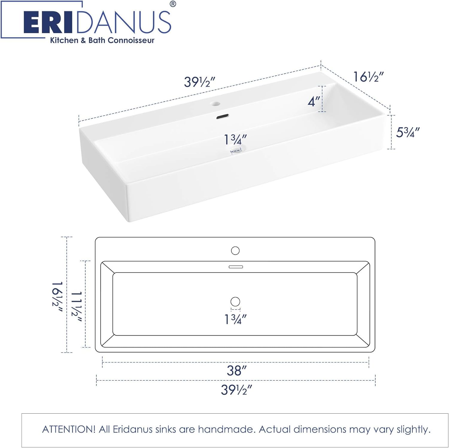 Eridanus Bathroom Sink Rectangle 40" x 16", Vitreous China Ceramic Vessel Sink, Countertop & Wall Mount, Modern Porcelain Vanity Floating Sink Art Basin Trough with Overflow, Glossy White