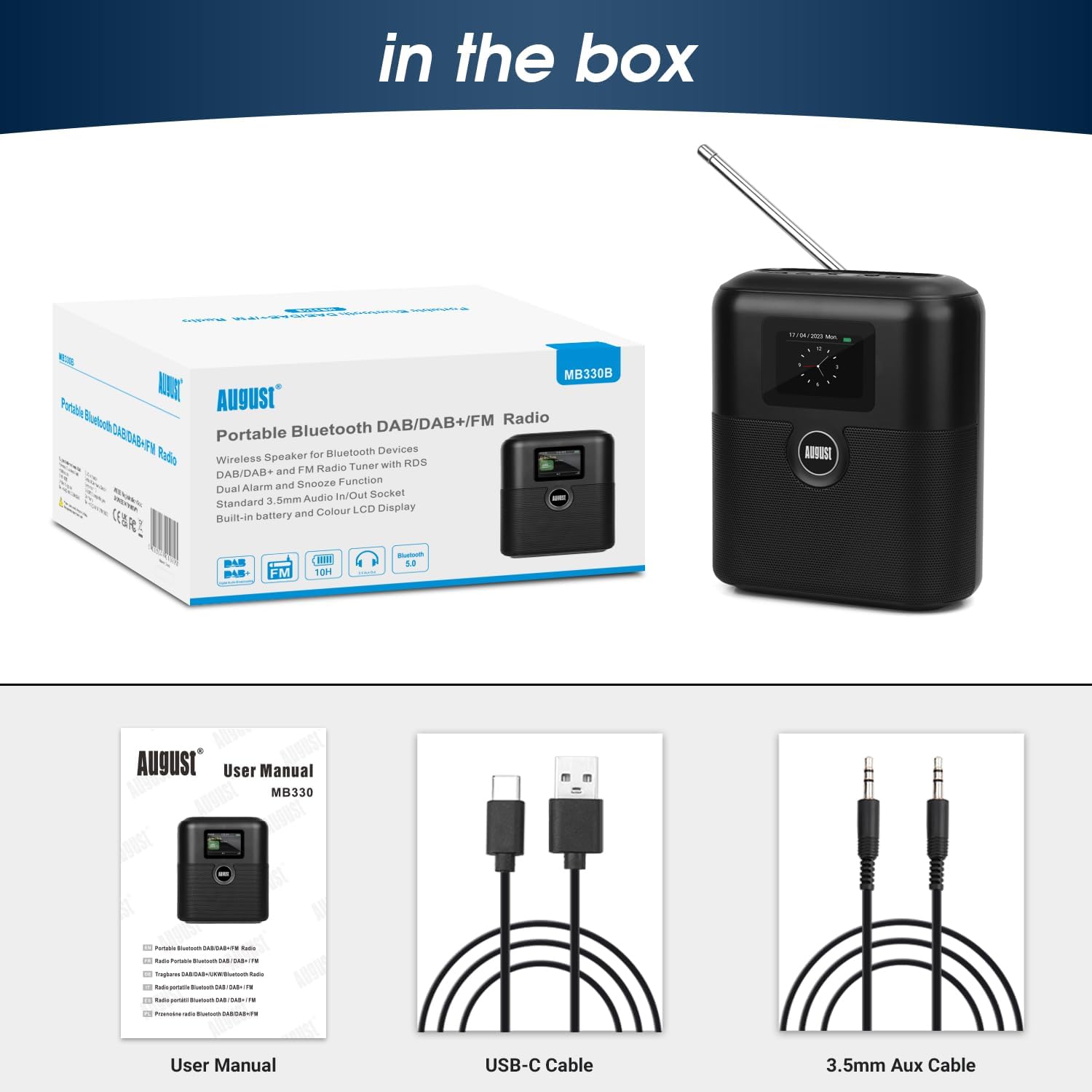 Contents of the August MB330 box, showing the radio, user manual, USB-C cable, and 3.5mm AUX cable.