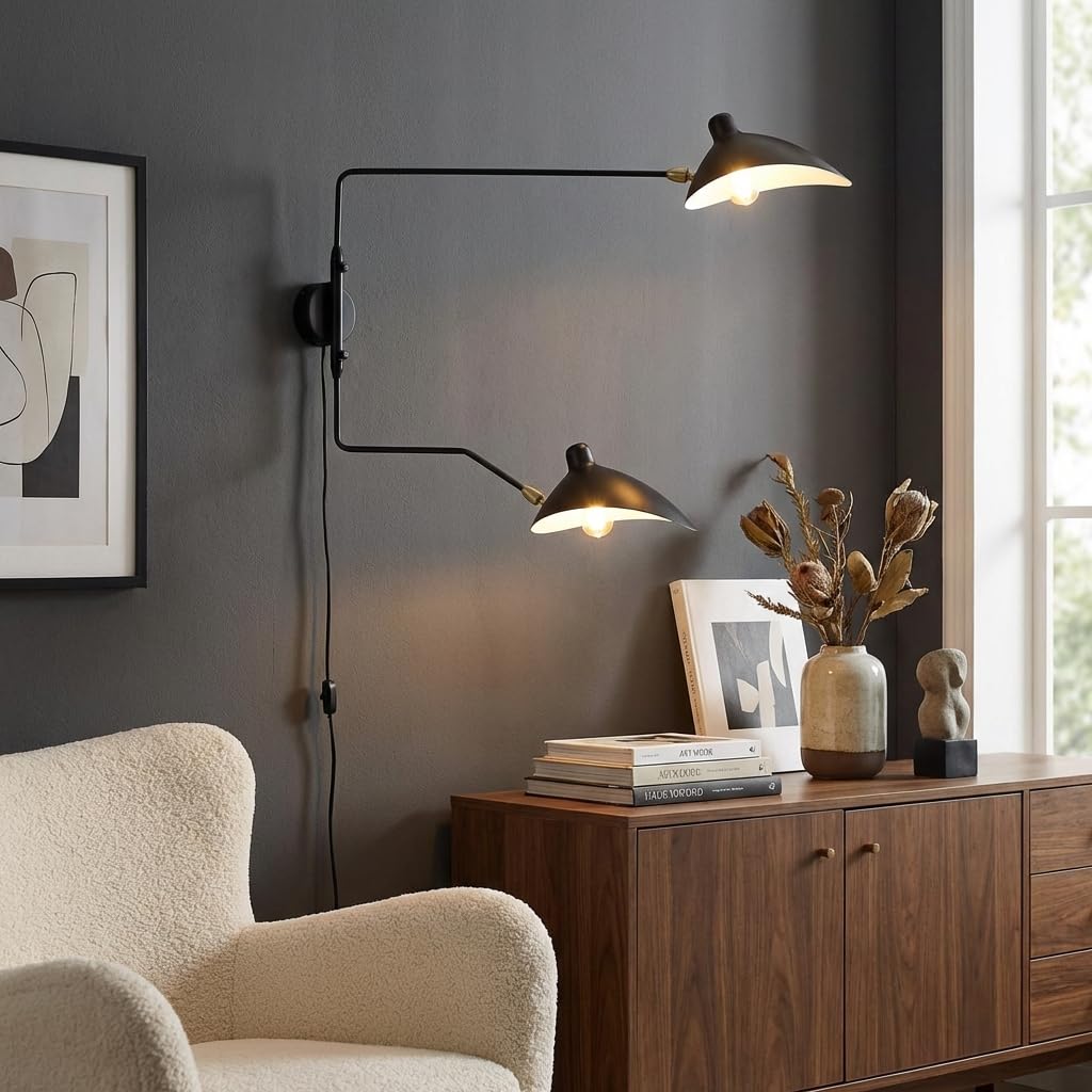 BARCELONA LED Applique da Parete Nera in Ferro a Doppio Braccio E27, Lampada da Parete Grande con Cavo e Interruttore, Design Classico Moderno Vintage di Lusso per Interni