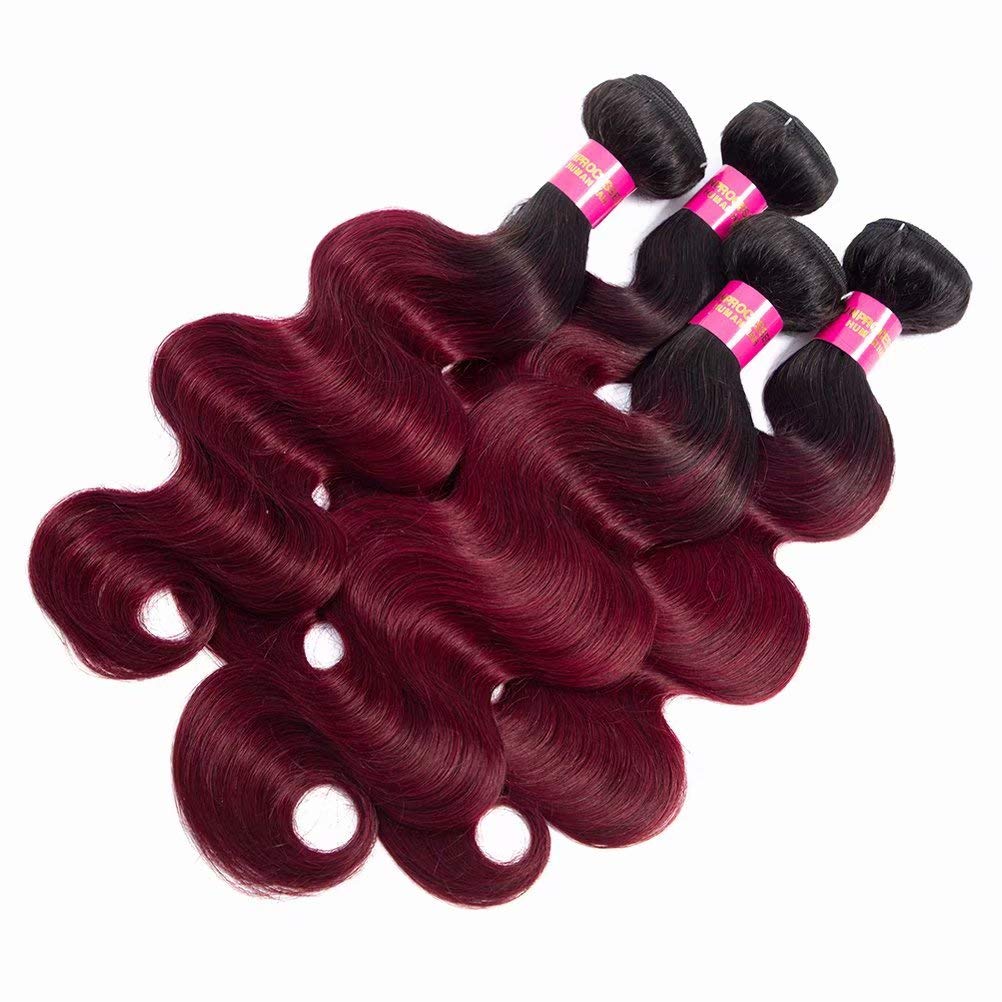FEEL ME Ombre Brazilian Hair Body Wave 3 Bundles Grade 8a Mink Ombre Human Hair Wavy Weave 1b/99j Ombre 2 Tone Black to Burgundy Red 100% Unprocessed Human Hair Extension(16 18 20)