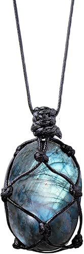 Miniatura 1 de RJINGSHI Collar con colgante de cristal de labradorita natural, piedra de luna curativa con cuerda tejida a mano para unisex