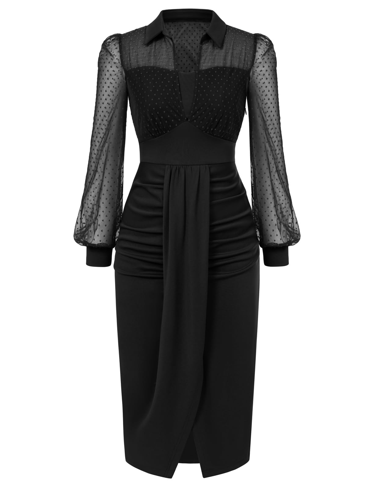 Belle Poque Womens Vintage Dress Mesh Long Sleeve Dress Ruched Dress for Work