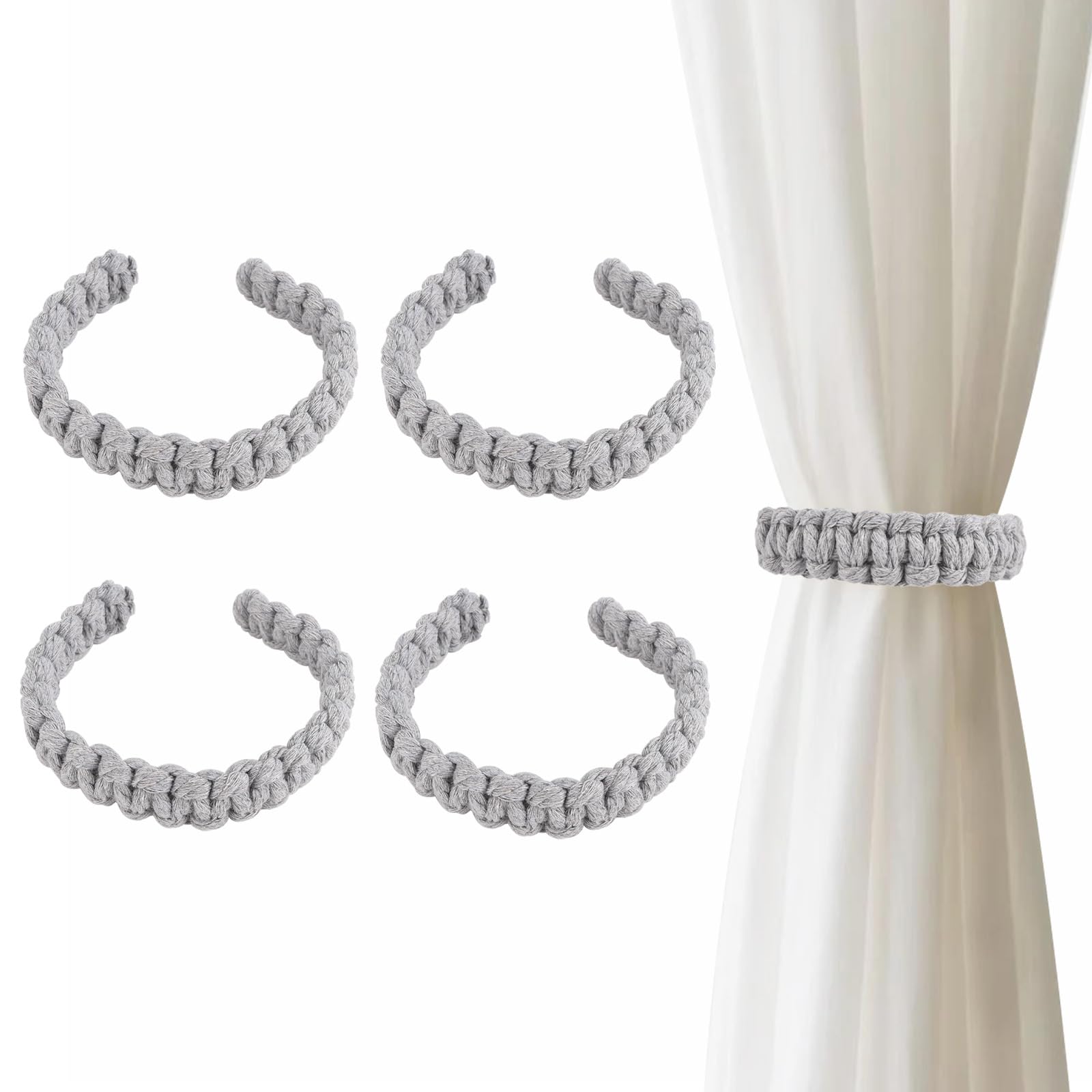 TopHomer 4er Pack Raffhalter für Gardinen aus Hanf & Baumwollseil | Vorhang Halter für Wohnzimmer & Schlafzimmer | Boho Dekor (hellgraue Baumwollschnur)