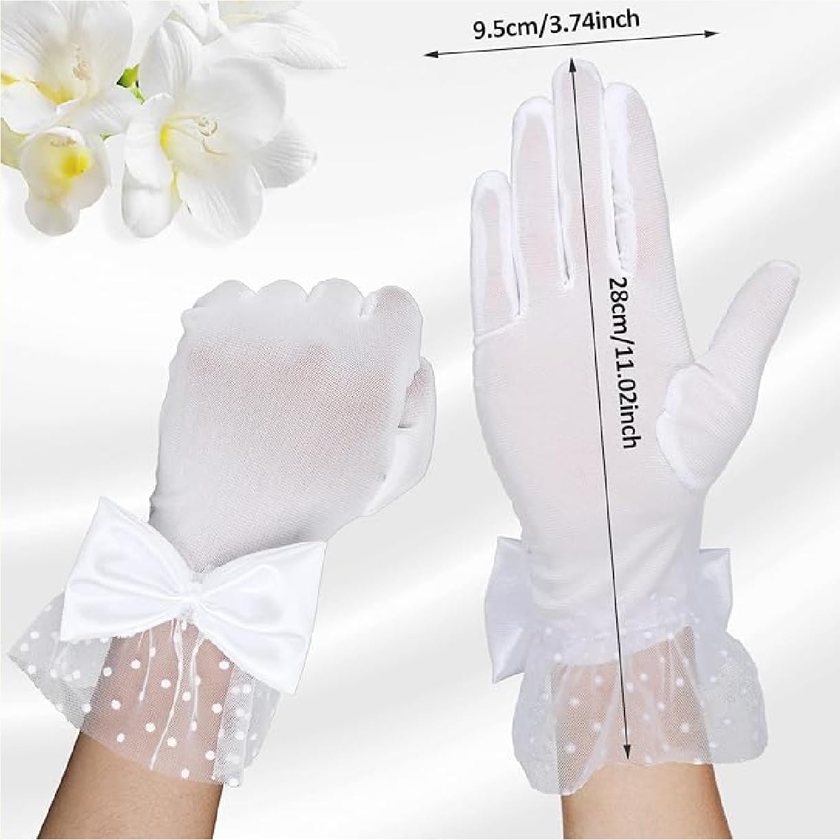 TASMAI MARKETING Ladies Short Lace Gloves, Bow Design with Polka Dots, Soft Breathable Fabric, Pink Red Black Rosered White and Beige Colours (White, 28 * 9.5 cm) 2
