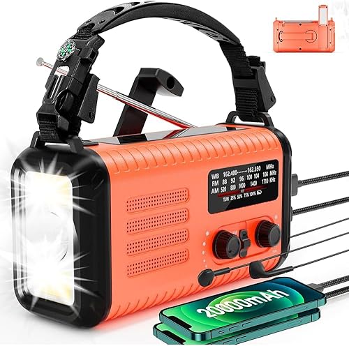 Radio meteorológica AM/FM/NOAA, linterna de radio de emergencia con manivela de mano, cargador de teléfono celular de 20000 mAh, funciona con