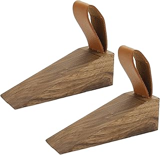 KUMGROT 2pcs Walnut Wood Door Stopper Non-Slip Door Stops Wedges Sturdy Stackable Door Stops with Leather Band for Hanging 11×3.5×3.5cm/4.3×1.4×1.4in