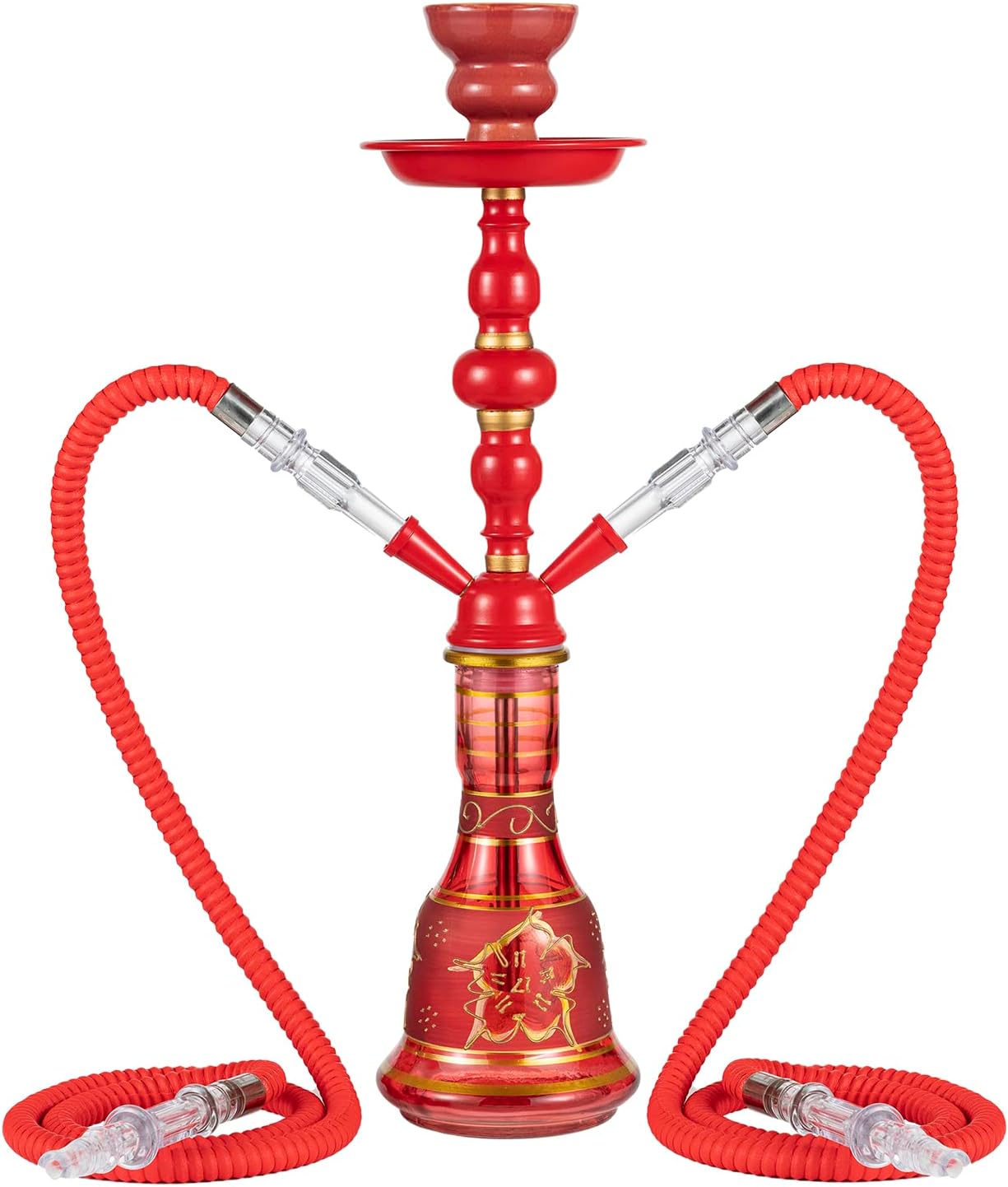20" Hookah set - 2 Hose Premium Shisha Hookah Kit with Glass Vase, Ceramic Bowl and Coal Tongs Ashtray (Red)