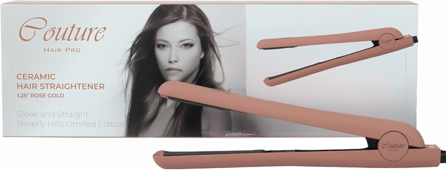 Couture Hair Pro Pure Ceramic Professional Hair Straightener – Fast Heat Up Flat Iron – Hair Straightener with Negative Ions More Shine and Less Frizz – Canadian Engineering (Rose Gold, 1.25)