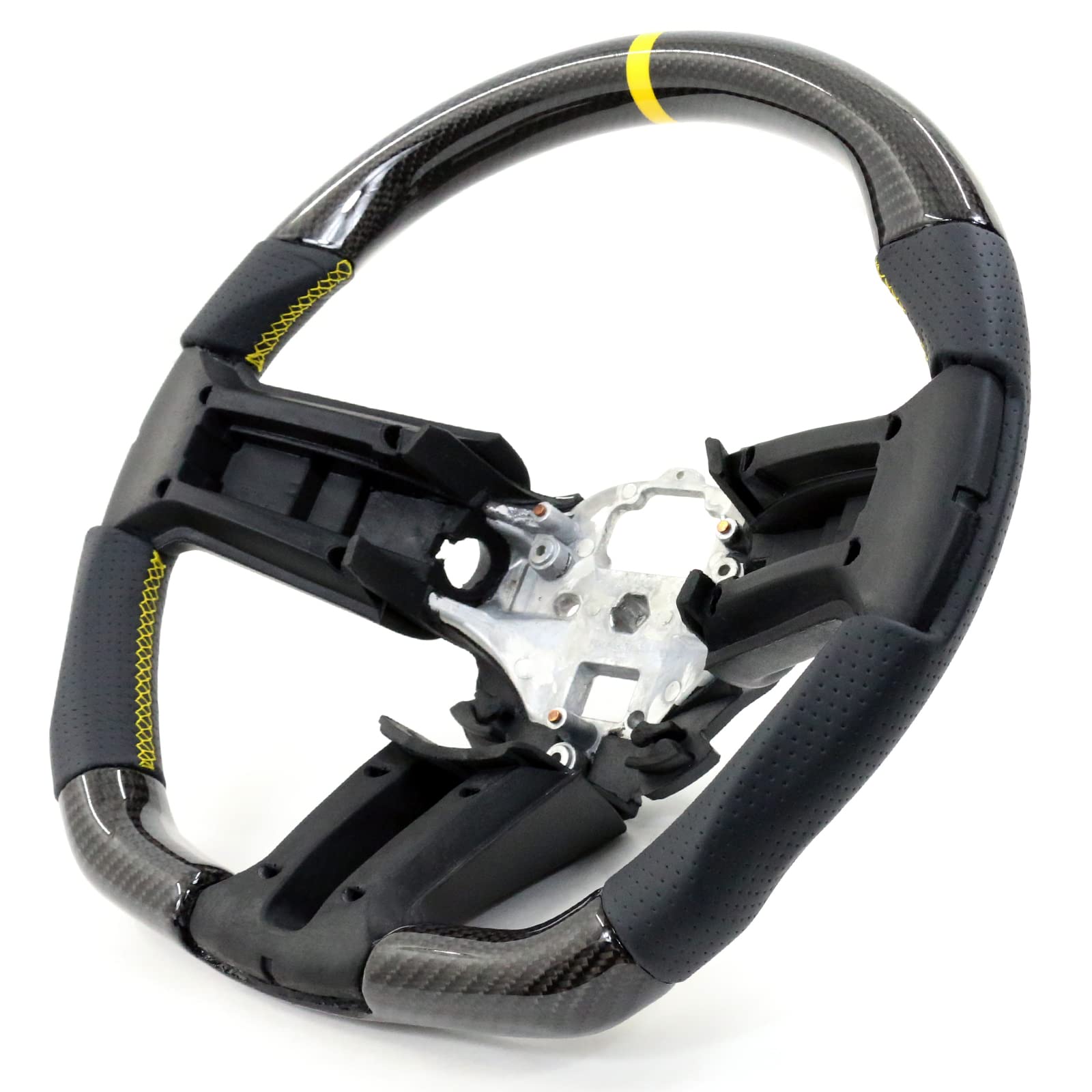 IKON MOTORSPORTS, Steering Wheel Compatible with 2010-2014 Ford Mustang, Steering Wheel Bodykit Replacement Carbon Fiber & Leather Yellow Stitch & Indicator, 2011 2012 2013
