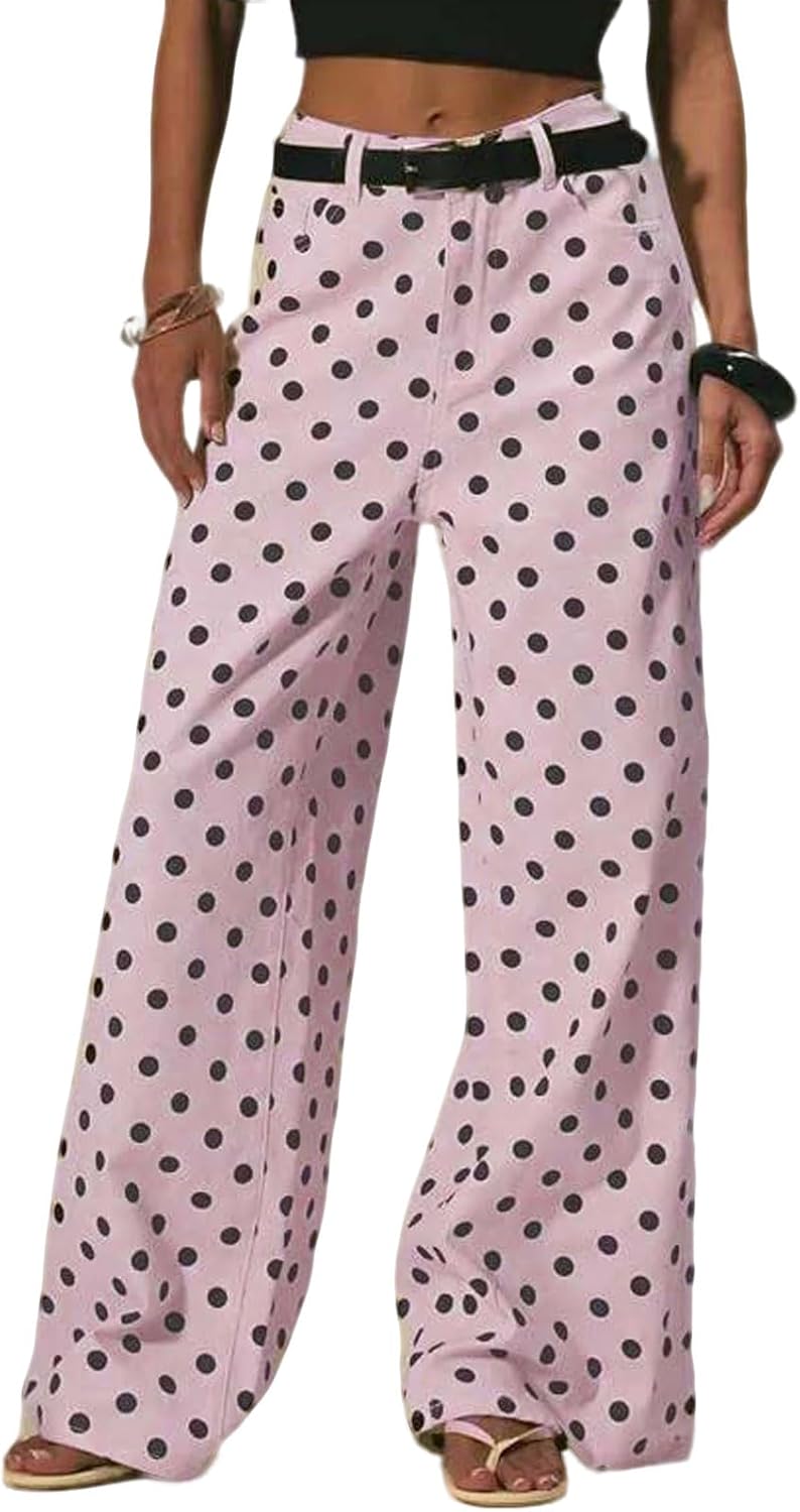 loveimgs Women Mid Rise Wide Leg Jeans Retro Polka Dot Denim Pants Y2k Baggy Jeans Flared Pockets Fall Spring Trousers Boho