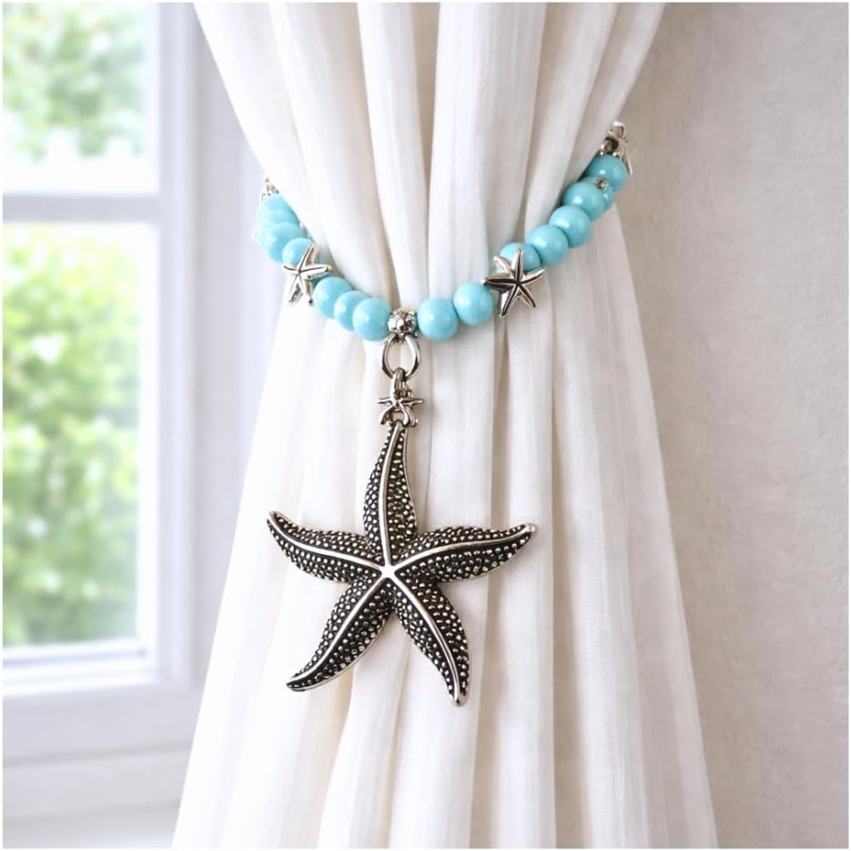 Starfish Curtain Tiebacks for Coastal Home - Beaded Tie Backs for Beach Decor - Curtain Holdbacks - Turquoise Drapery Tie Backs