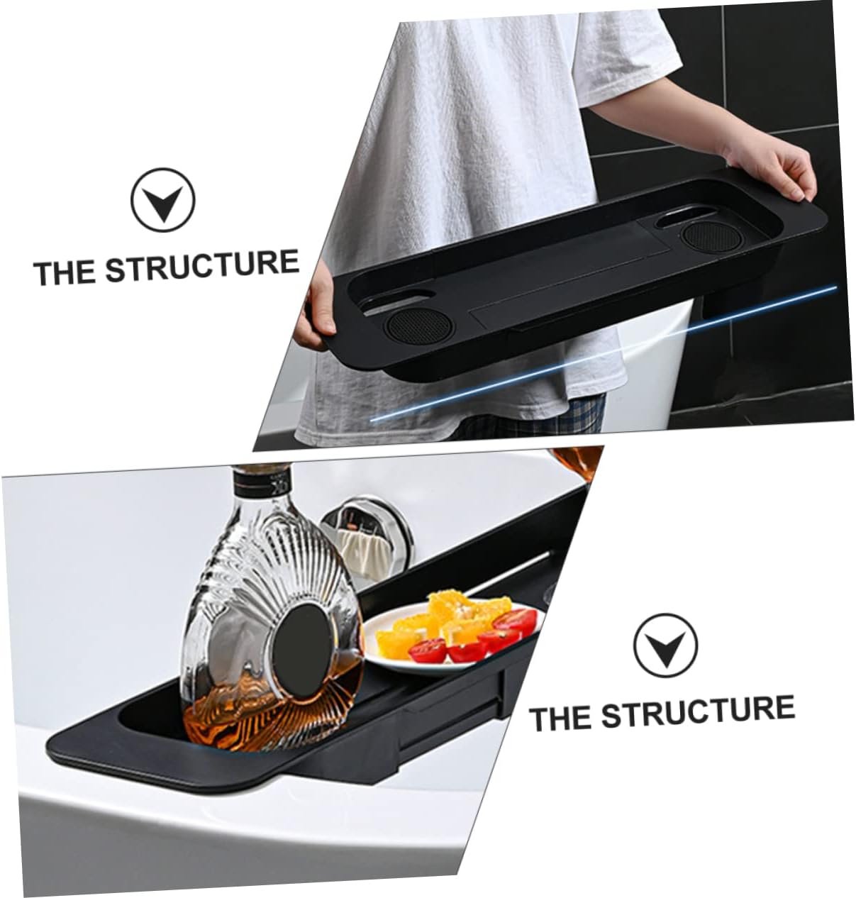 Amosfun Telescopic Bath Storage Rack Retractable Plastic Bathtub Tray for Reading Organizing Anti-Slip Design Compatible with All Tablets Phones Black Bathroom Accessory