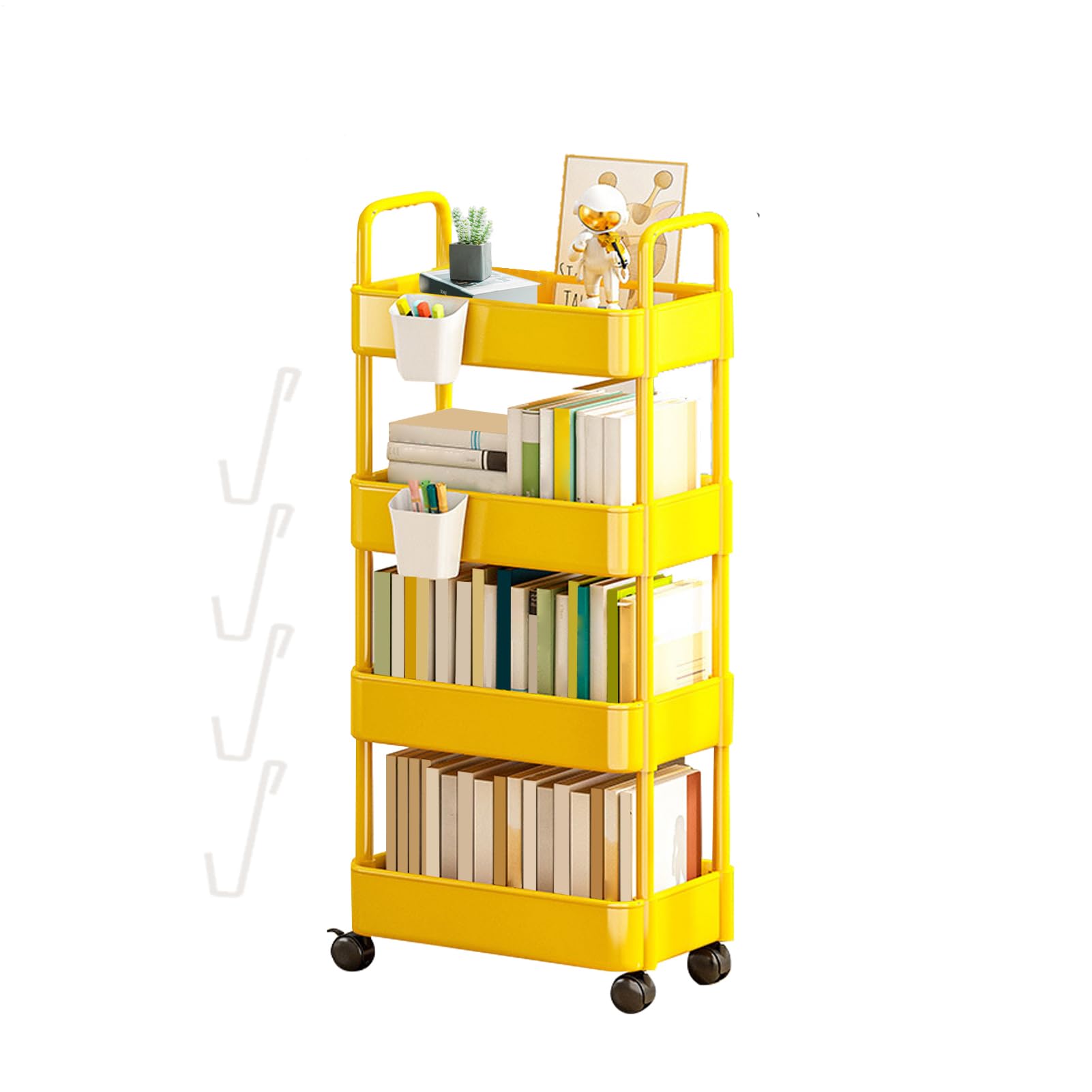 Carro Almacenamiento | Organizador Carrito rodante para Libros - Estante 3/4 Niveles con Ruedas y Ganchos, Carrito Almacenamiento, Carrito refrigerios