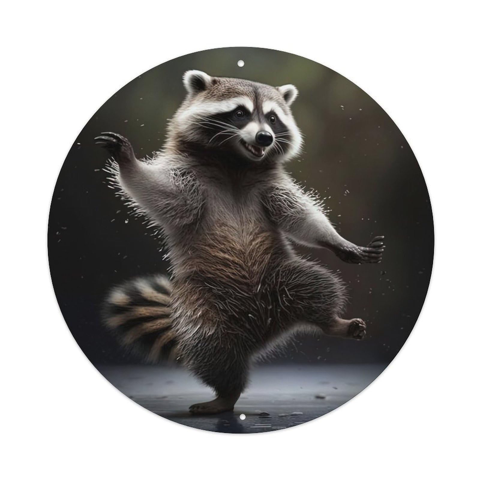 Animals Artwork Poster Dancing Raccoon Vintage Metal Tin Sign Plaque Wall Decor for Cafe, Club, Garden Round Metal Poster 8x8Inch