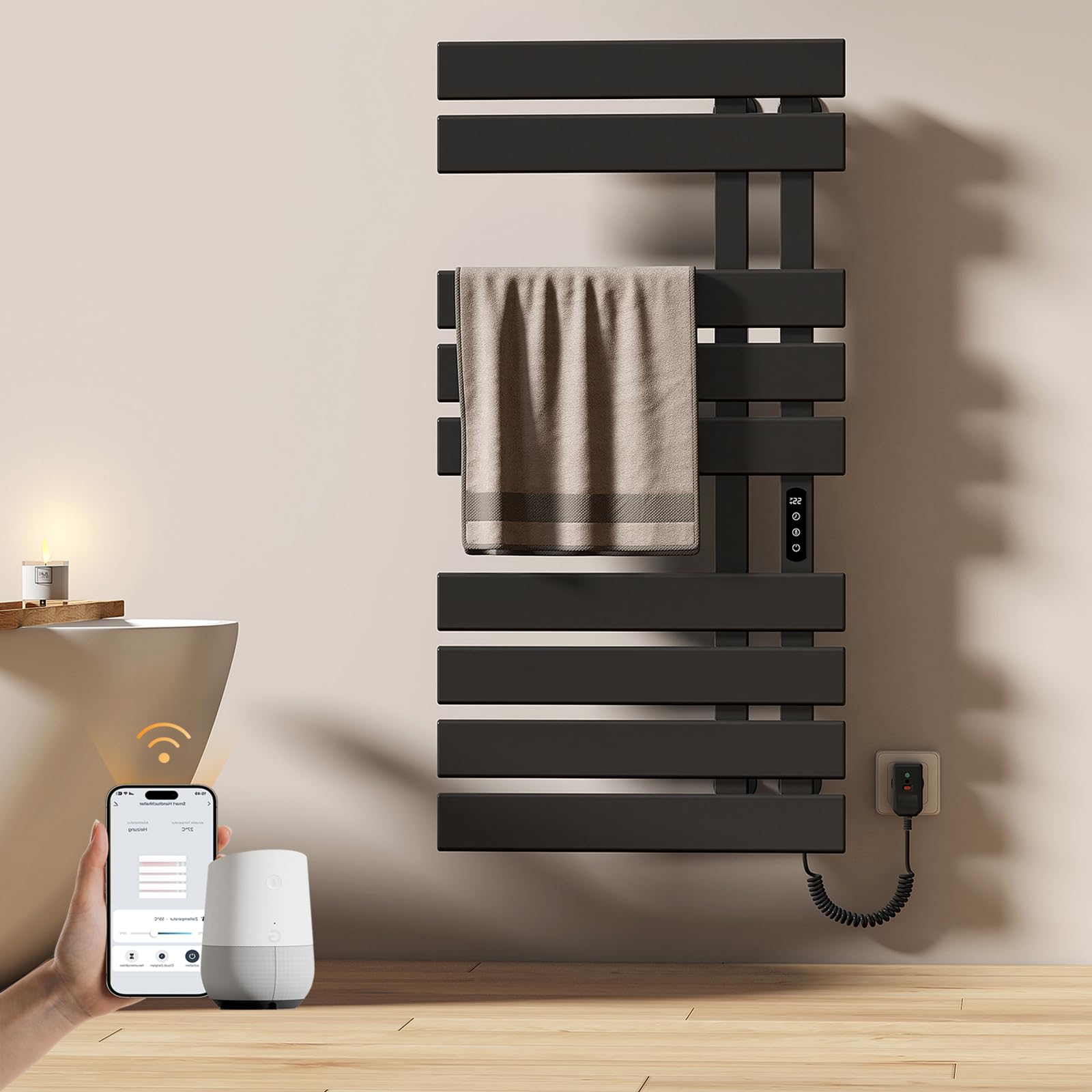 EMKE Elektrischer Handtuchheizkörper 1000x500 mm, Badheizkörper mit WiFi-App-Steuerung, Timer & Thermostat, Handtuchwärmer zur Wandmontage, 320W, IPX5, Schwarz