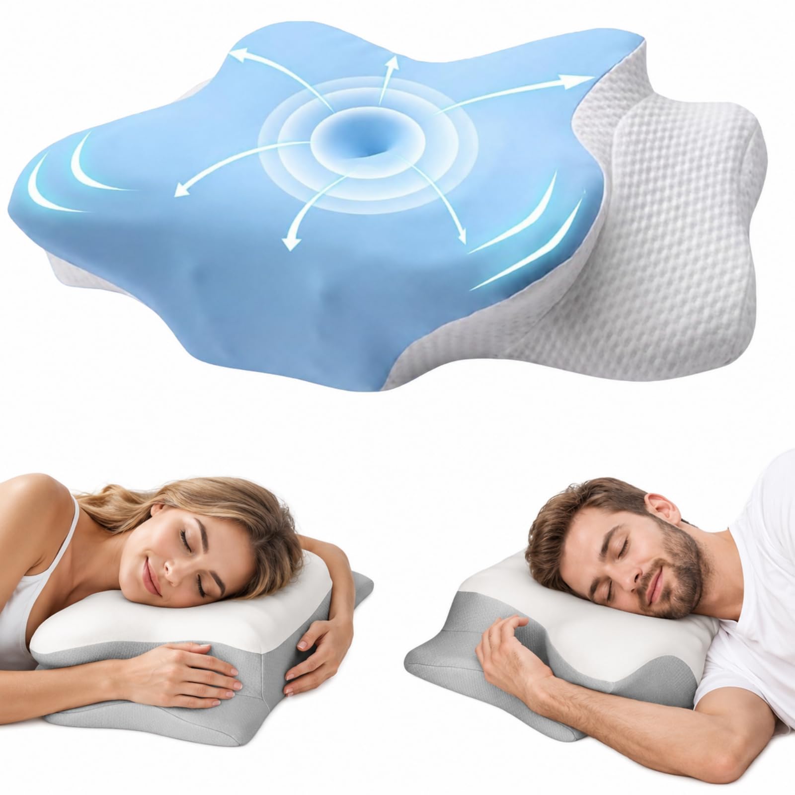 SOYA 3.0 Paris Oreiller Memoire De Forme Cervical Ergonomique Anti Douleur Nuque Double Hauteur Confort Sommeil Profond Bleu (Bleu*1)