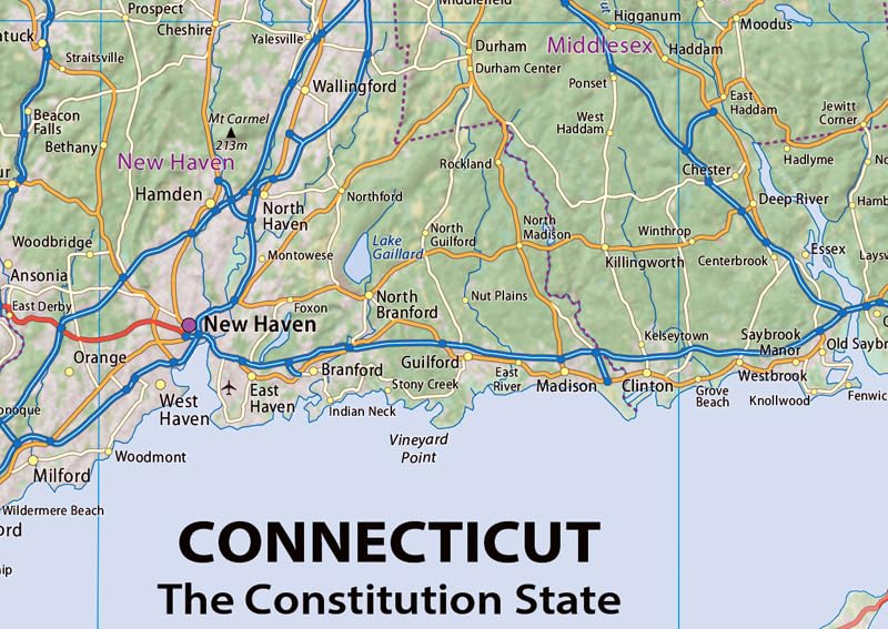 Physical State Map of Rhode Island and Connecticut - 23.3 x 16.5 Inches - Paper Laminated - Image 4