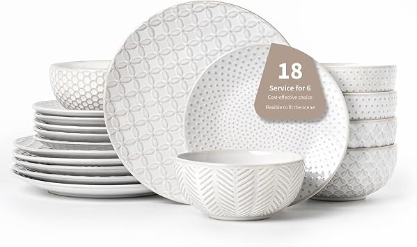 FOBENTA 18 Piece Embossed Dinnerware Sets for 6, Scratch-Resistant Plates and Bowls Sets, Microwave & Dishwasher Safe, Elegant Stoneware for Family Gatherings A Gift for Growing Households