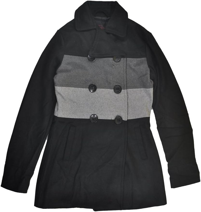 Yoki Womens Black & Grey DoubleBreasted Faux Wool Pea Coat