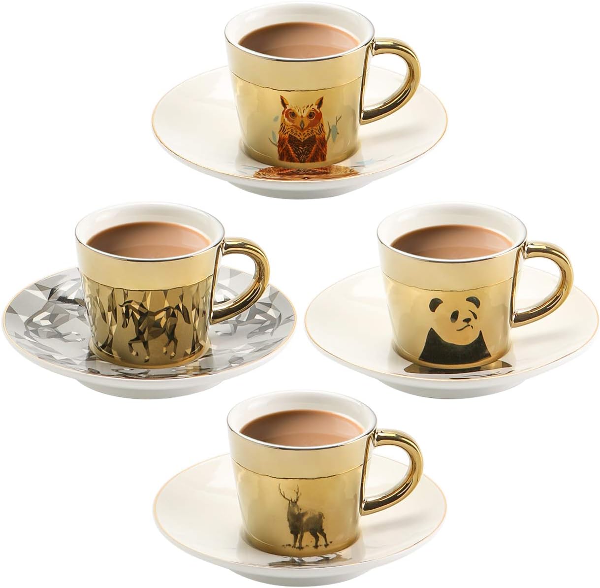 Mirage Mirror Cups Creativity Coffee Cups and Saucer Set of 4 Hand-made mirror cups with Unique design Saucers Coffee Mugs, Romantic Gift for your Best love (Gold, 90ml) 3.04OZ