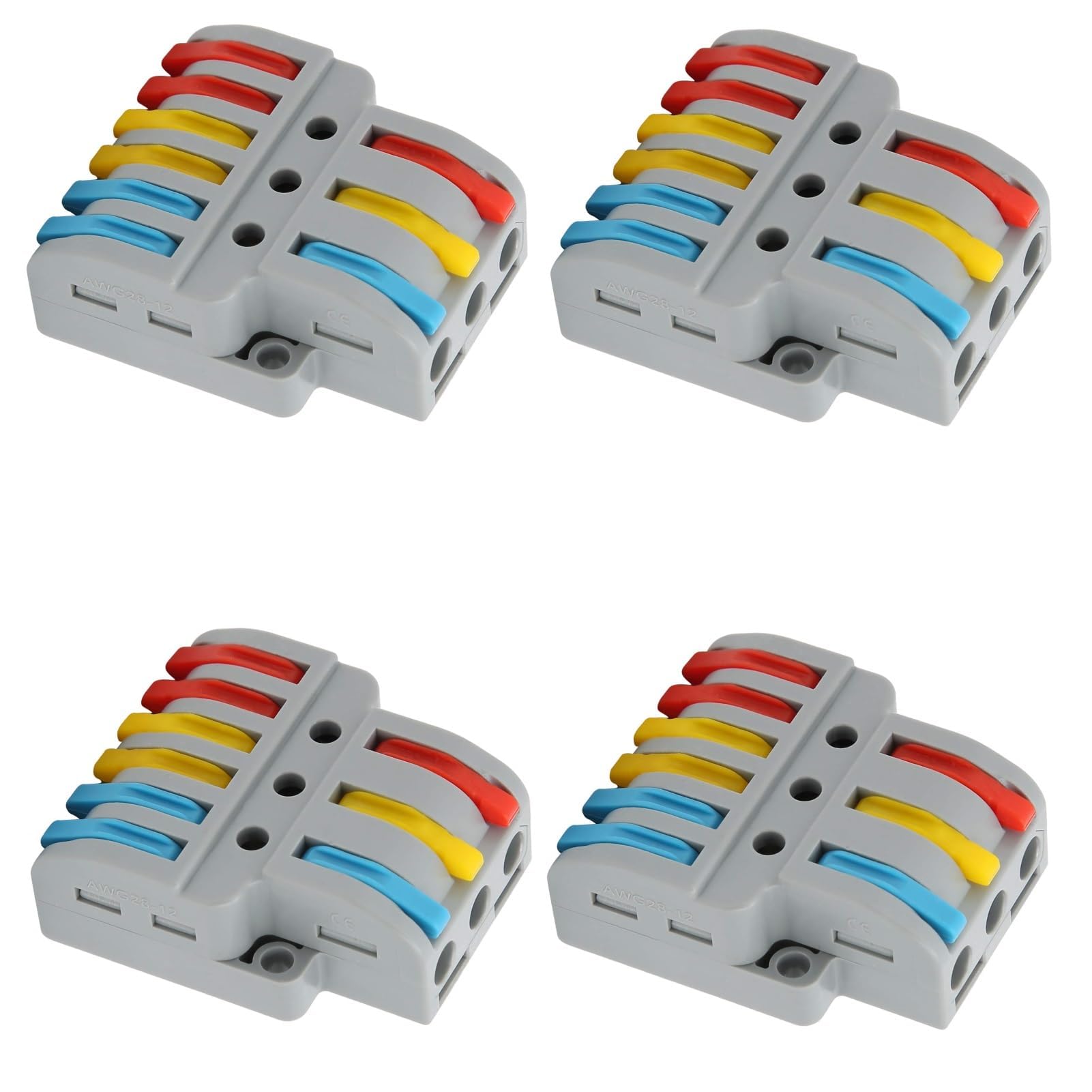 ROBOWAY LT-633 Lever Wire Connector, 3 In 6 Out Quick Wiring Cable Terminal Block for 24-12 AWG Wires, Compact Splicing Connector with Durable Design, Easy Reusable Wiring Terminal (Pack of 4)