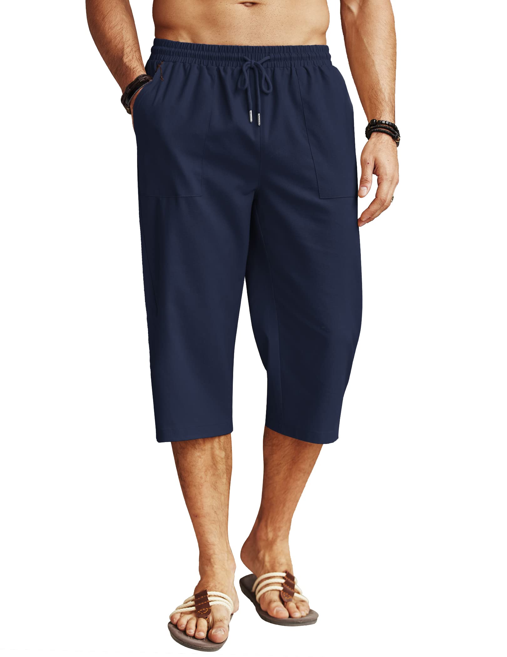 COOFANDY Men's Linen Capri Pants Casual Lightweight 3/4 Baggy Pants Drawstring Elastic Waist Beach Yoga Pants with Pockets