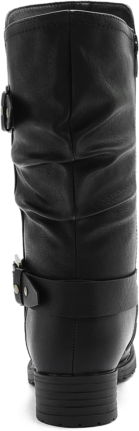 GLOBALWIN Women’s Mid Calf Boots Fashion Moto Boots For Women With Buckle Straps, Side Zipper, And Low Block Heel – Biker Boots For Fall Spring Winter
