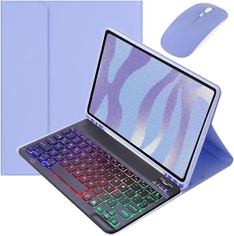 Galaxy Tab S10 Lite / S10 FE / S9 FE 10.9 Inch Keyboard Case with Mouse 7 Colors Rainbow Backlight for Galaxy Tab S9/S8/S7 11 Inch Case Stylish Cute Separate Female Student Business Purple + Black