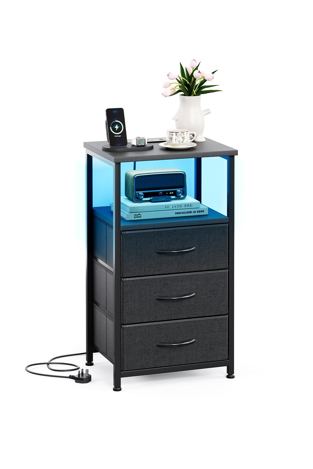 CAIYUN 3 Drawers Bedside Table with Charging Station, 72Hx40W cm Chest of Drawers for Bedroom, Kids, Living Room, Clost, Small End Table with Led and 2 Outlets & USB Ports for Small Space, Black
