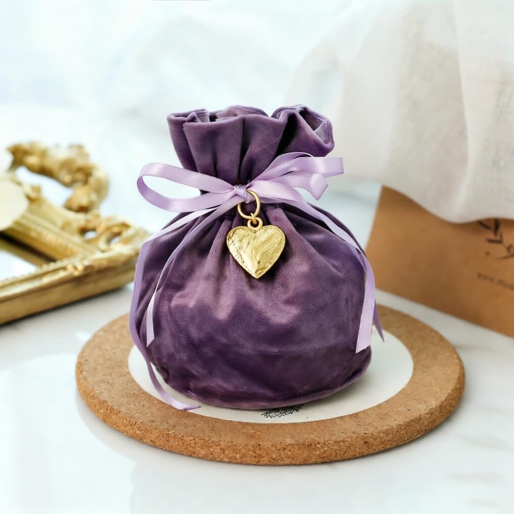 Zonjunp Purple Drawstring Gift Bags Set, 5 PCS Velvet Jewelry Pouch with Heart Charm, Small Round Reusable Cloth Bags for Women Girls Mother's Day Birthday Wedding Party for Bracelets Necklaces Candy