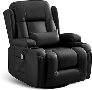 Relaxsessel mit Liegefunktion, Massagesessel mit Wärmefunktion, 360° Drehbarer Fernsehsessel Wohnzimmer, Schaukelstuhl mit Kissen/Seitentaschen/Getränkehalter (Schwarz)
