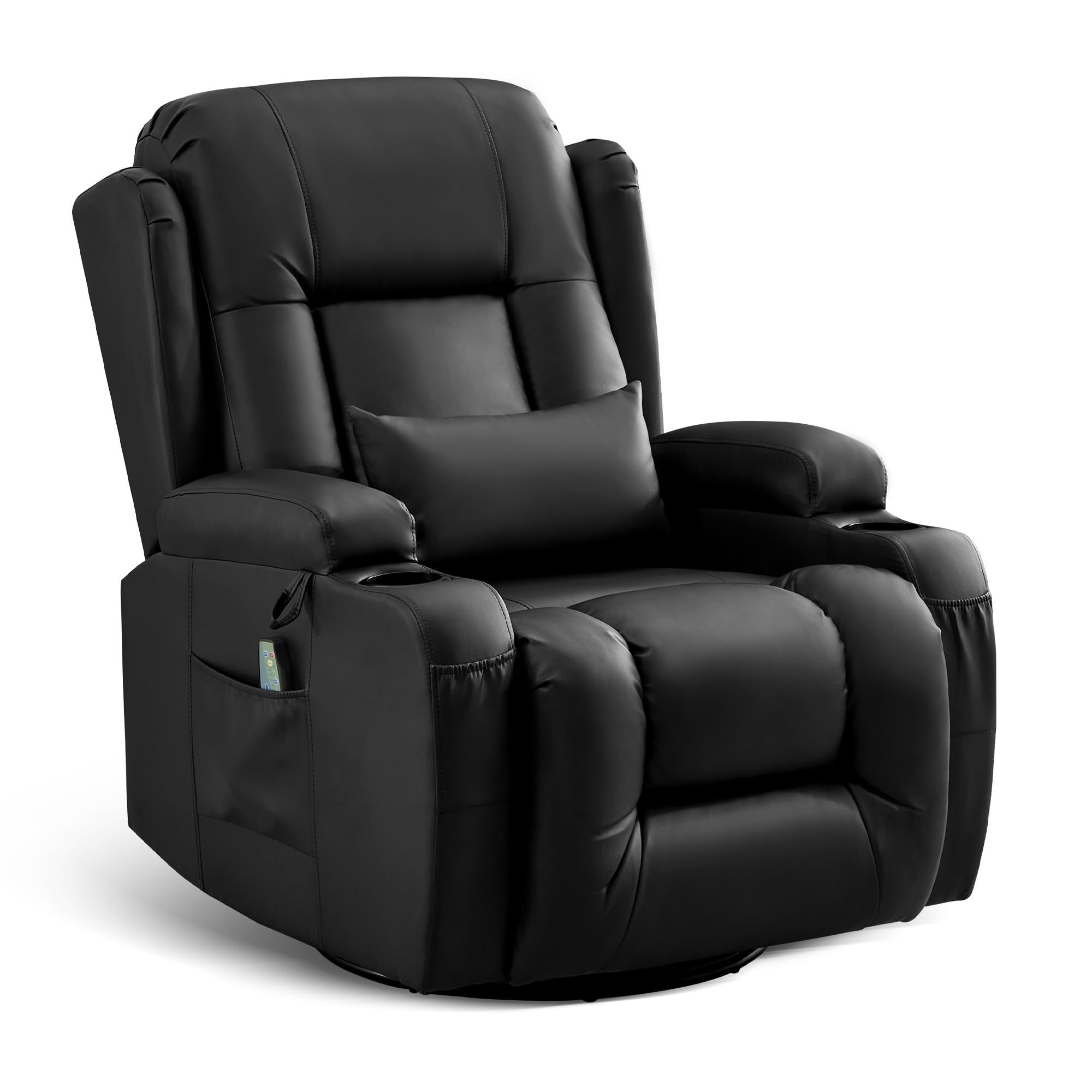 Relaxsessel mit Liegefunktion, Massagesessel mit Wärmefunktion, 360° Drehbarer Fernsehsessel Wohnzimmer, Schaukelstuhl mit Kissen/Seitentaschen/Getränkehalter (Schwarz)