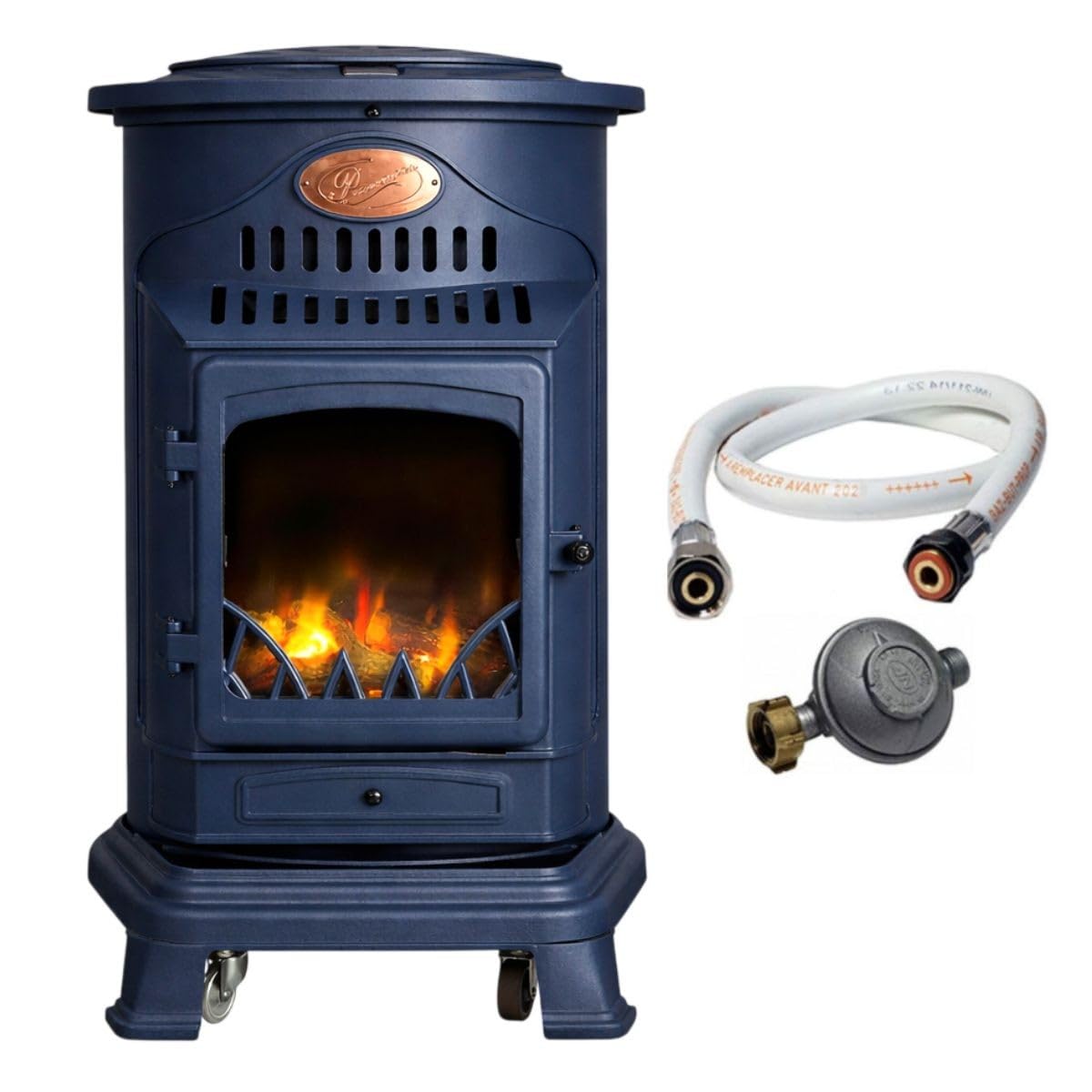 Sahara - Poêle à gaz Provence 3,4kW Bleu Saphir Mat Effet poêle à Bois Fonte véritable Chauffage d'appoint + Tuyau gaz et détendeur